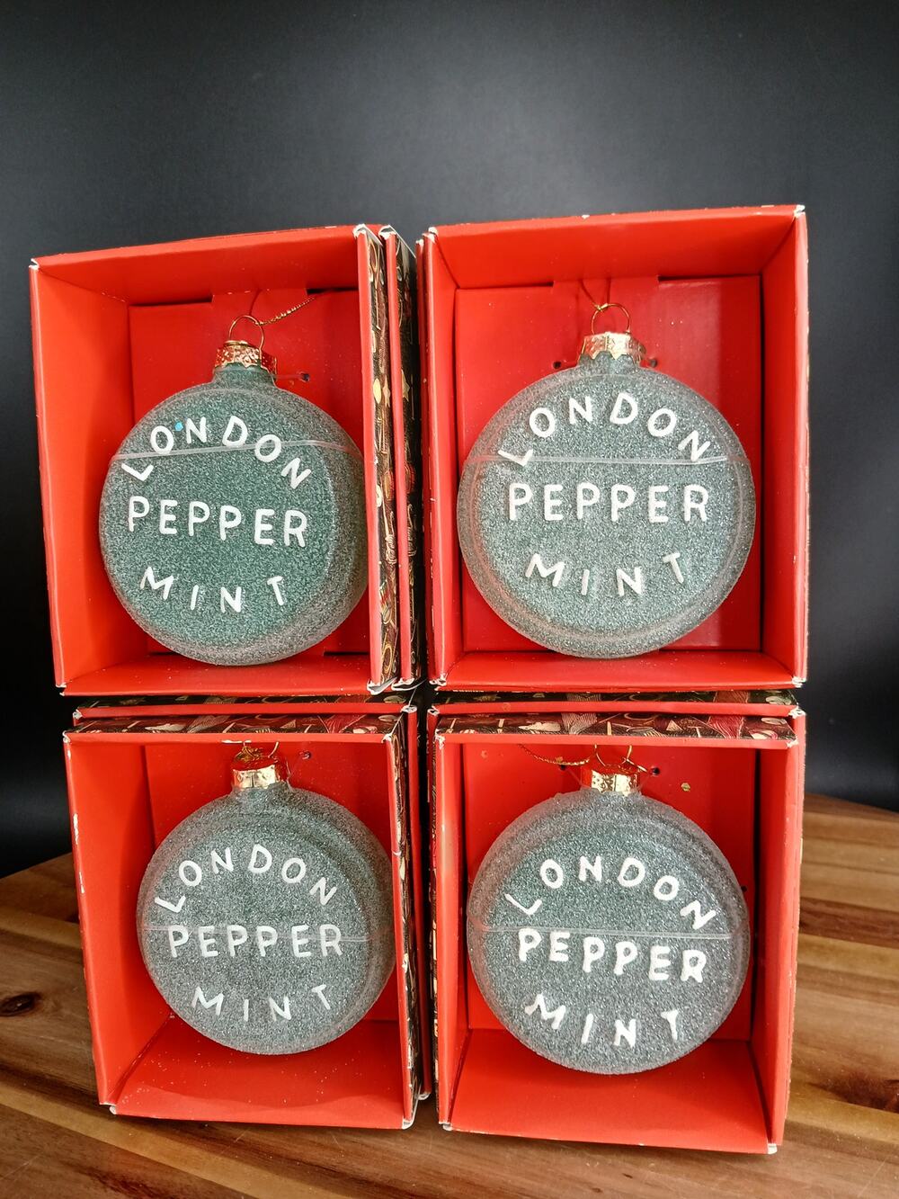 SET OF 4 John Derian Green LONDON PEPPERMINT Glass Christmas Ornament Target NIB